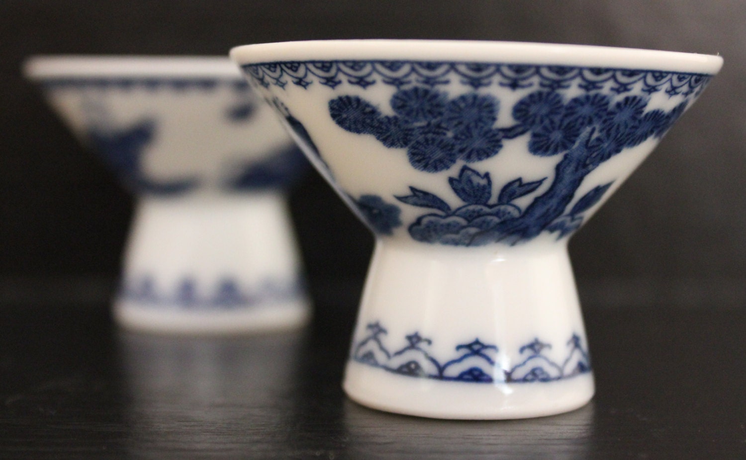 Vintage Japanese Sake Cup Set of Two White with Blue Design