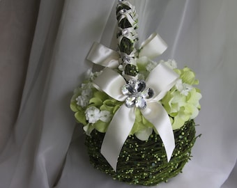 flower girl basket with green hydrangea petals and mirrored brooches for wedding and keepsake