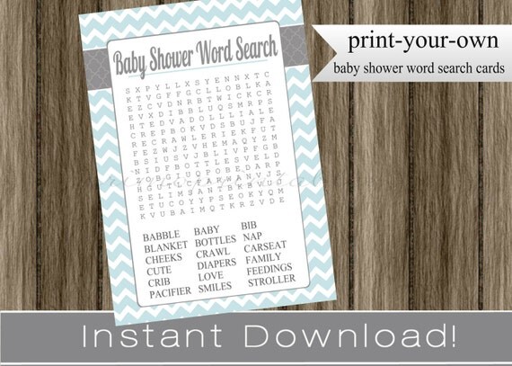 Baby Shower Word Search game cards boy light blue chevron and gray INSTANT DOWNLOAD diy printable digital file print your own , babyshower Il_570xn