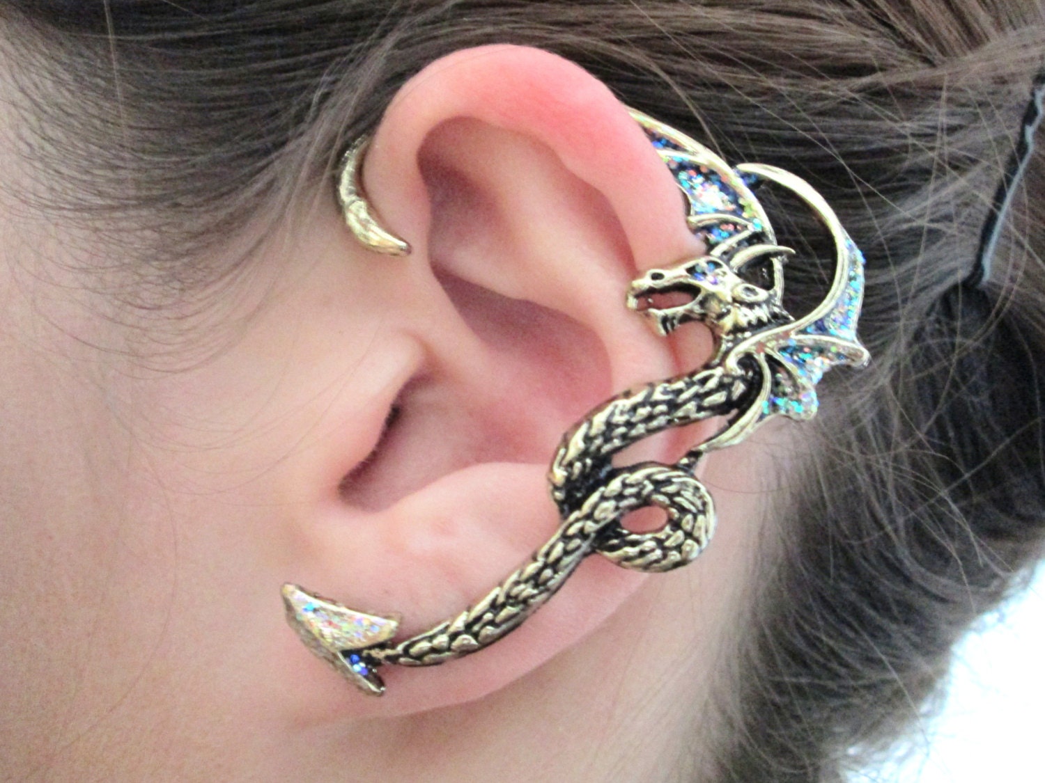 Glitter wing fly dragon ear cuff antique gold dragon wrap