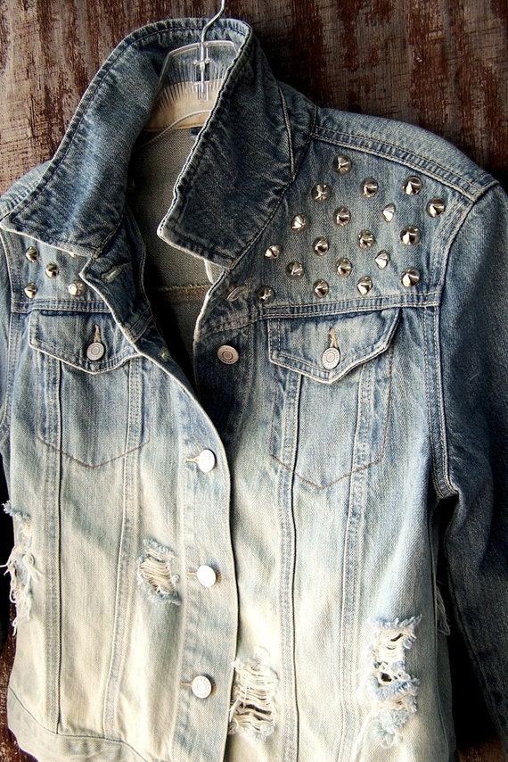 STUDDED DENIM JACKET dip dye ombre bleached festival clothing