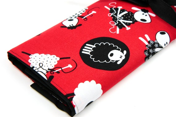 Large Knitting Needle Case - Red Sheep - multi 30 black pockets for straights, circulars and double points