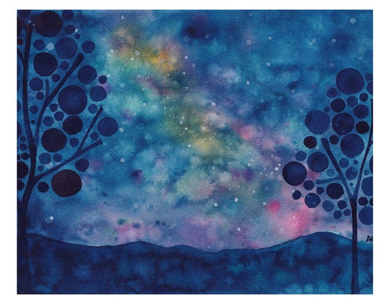 Watercolour Milky Way Landscape Art Print Giclee Painting Reproduction