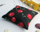 Large Emery Pincushion / Pin Cushion - Red Cherries on Black