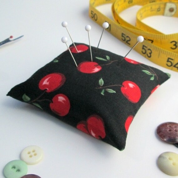 Large Emery Pincushion / Pin Cushion Red Cherries on by dottyral