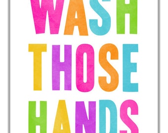 Kid's Bathroom Art - Wash Your Hands Print, Colroful Neon Wash Your ...