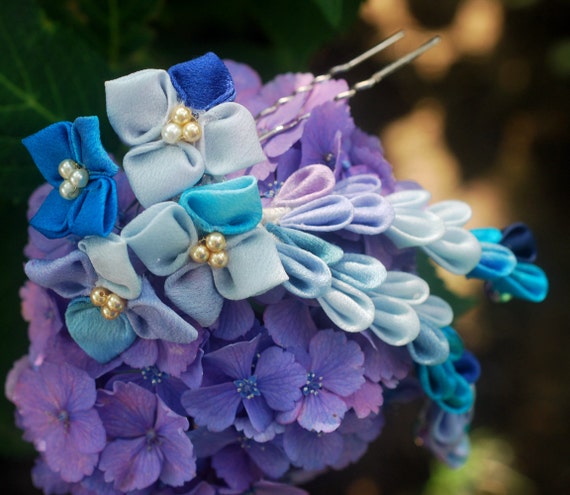 SALE Blue Silk Crepe Hydrangea kanzashi. Ajisai. Ornate Hair Pin.