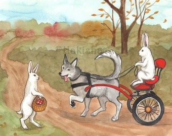Original Art - Dog Cart - Watercolor Rabbit Painting