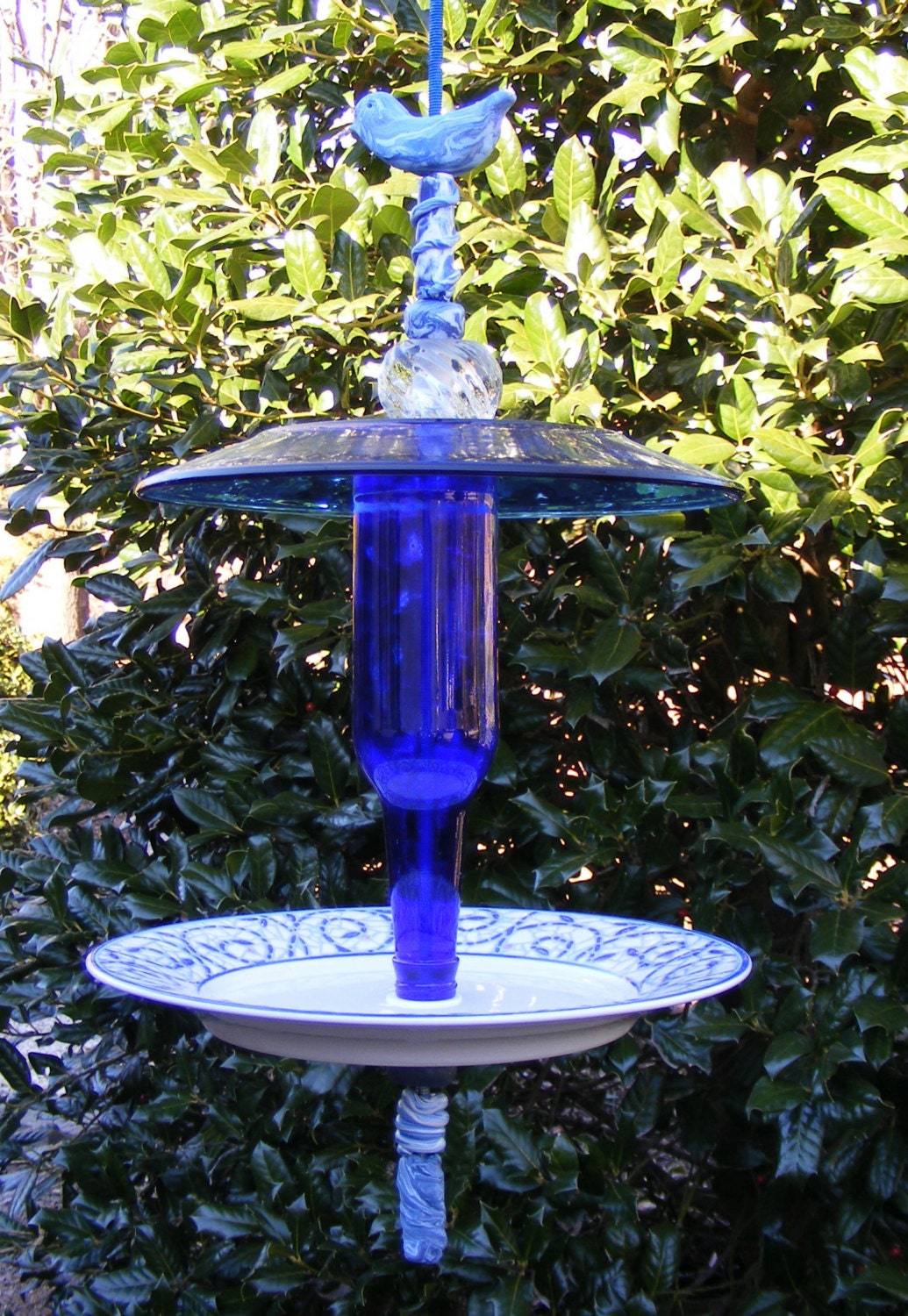 Glass Bird Feeder-Recycled Plate Garden Decor-Blue and White