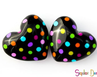 Valentines day Hearts - 2 Handmade polymer clay beads - Fluffy hearts - colorful dotted heart beads