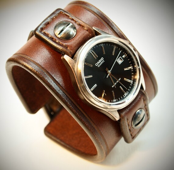 Leather cuff Watch Casio Vintage Brown bridle leather Wrist watch Custom made for YOU in NYC by Freddie Matara
