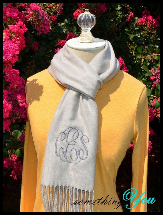 Monogrammed Scarf Millenium Silver Circle Script Womens Personalized Scarves - Cashmere Feel Initials warm light grey gray pewter