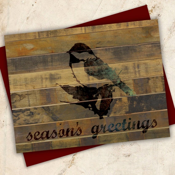 Reclaimed Wood Rustic Forest - CHICKADEE bird - Seasons Greetings - Set of 8