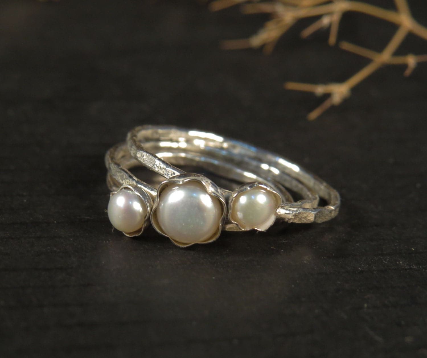Pearl engagement rings set of 3 Stacking rings by DvoraSchleffer