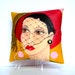 CLARE GIRLFRIEND PILLOW, hand painted pillow, girlfriend gift, mustard pillow, red hat with veil, woman gift, fun quote, feathered hat