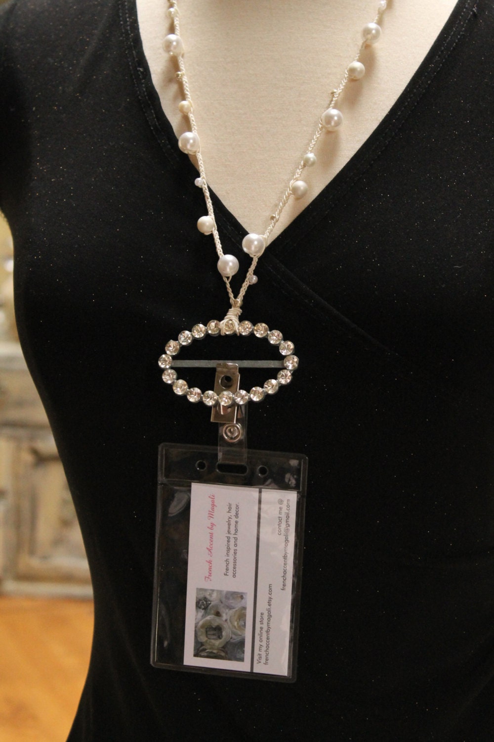 White pearls beaded id badge holder / eye glass holder