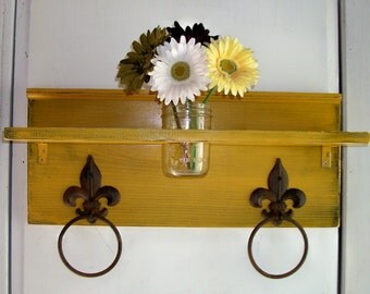 Primitive Mustard Yellow Bathroom or Kitchen Fleur de Lis Towel Rings Shelf with Mason Jar