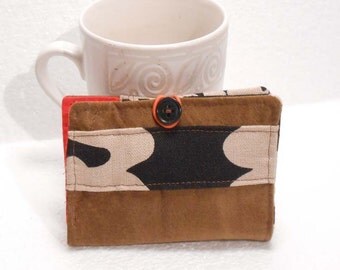 Tea Wallet, Tea Bag Holder, Small Wallet, Business Card Holder - Brown Suede with Geometric Print READY MADE