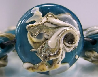 Teal Blue Silvered Ivory Lampwork Glass Bead Set SRA