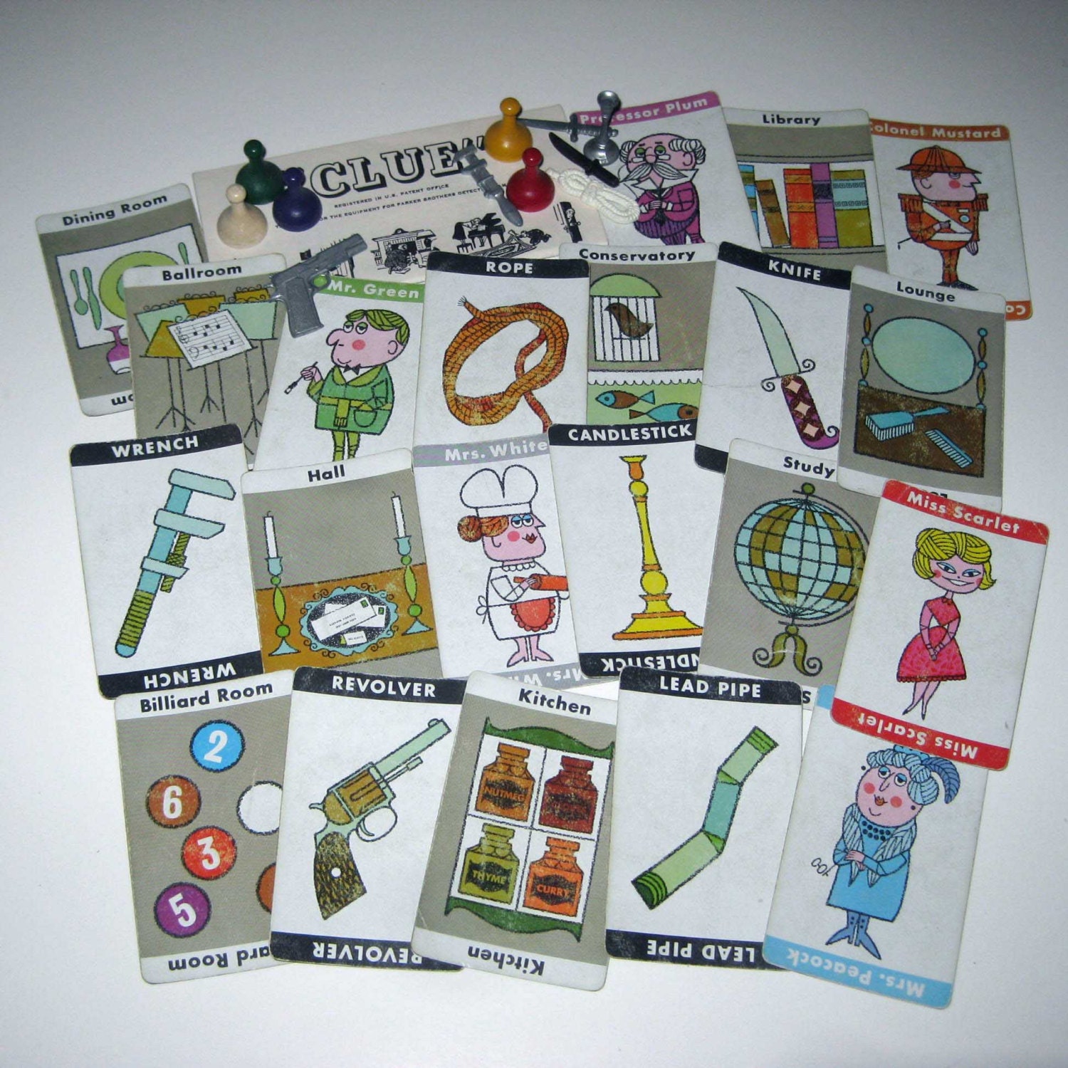 Vintage 1960s Clue Game Pieces Cards and Weapons