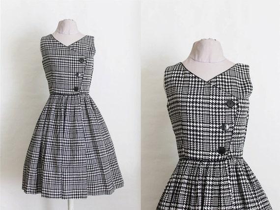 Vintage 1950s Houndstooth Dress / 50s Black and White Dress