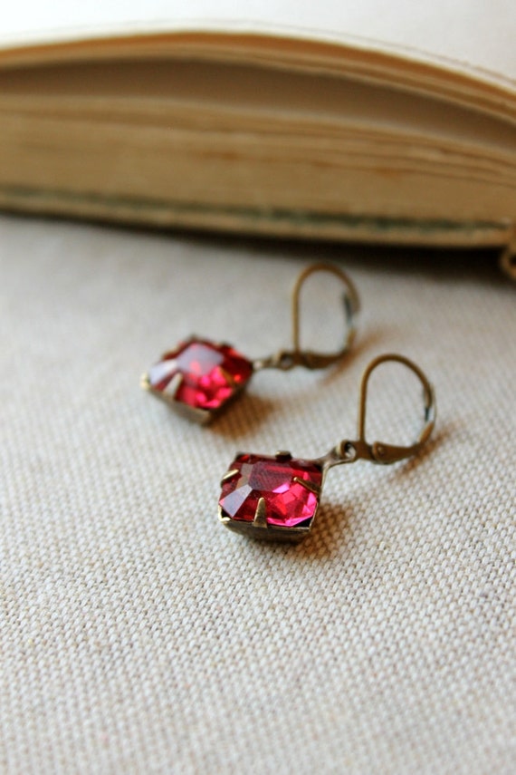 Items similar to Pink Vintage Glass Jewel Earrings, Dangle Earrings