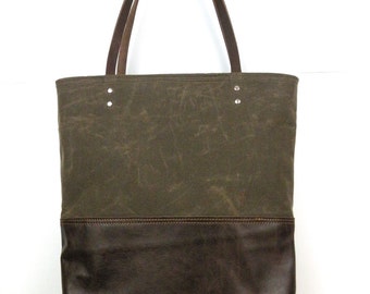 Waxed Canvas Bag, Brown Carry all Bag, Leather Bottom Tote, Waterproof purse, Knitting Bag, Gift for her laptop bag, Commuter bag