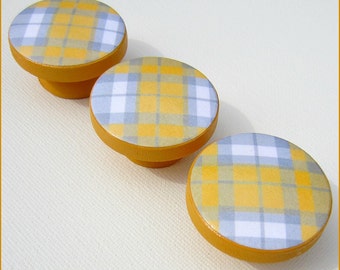 Plaid Dresser Knobs • Drawer Knobs • Yellow and Grey  • Drawer Pulls • Plaid Drawer Knobs • Cabinet Knobs