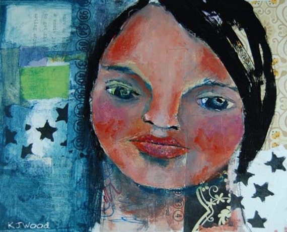 Acrylic Portrait Painting, Collage, Starry Eyed, Woman, Blue, Green, Black Stars, 8x10 canvas panel
