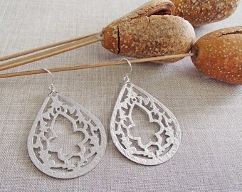 Silver Oriental Flower Teardrop Earrings