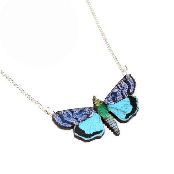 Blue Moth Necklace Wood Pendant Illustration Jewelry