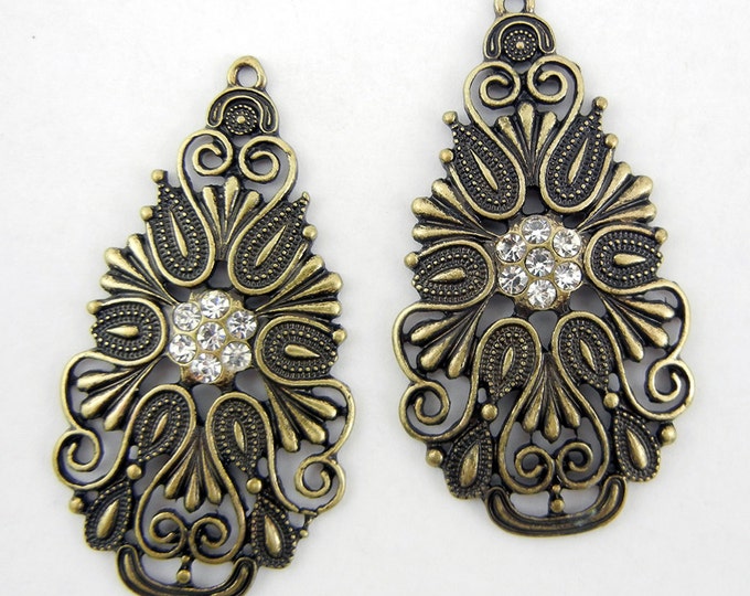 Pair of Burnished Gold-tone Teardrop Charms Rhinestones