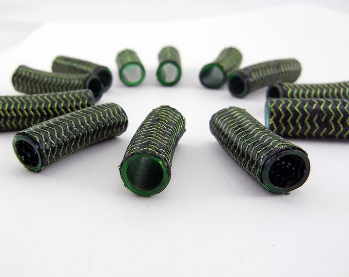 12 Woven Over Acrylic Tube Beads Chevron Design Black and Sage Green