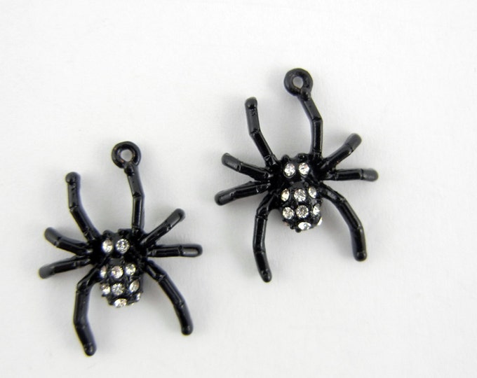 Pair of Small Black Epoxy Spider Charms with Rhinestones