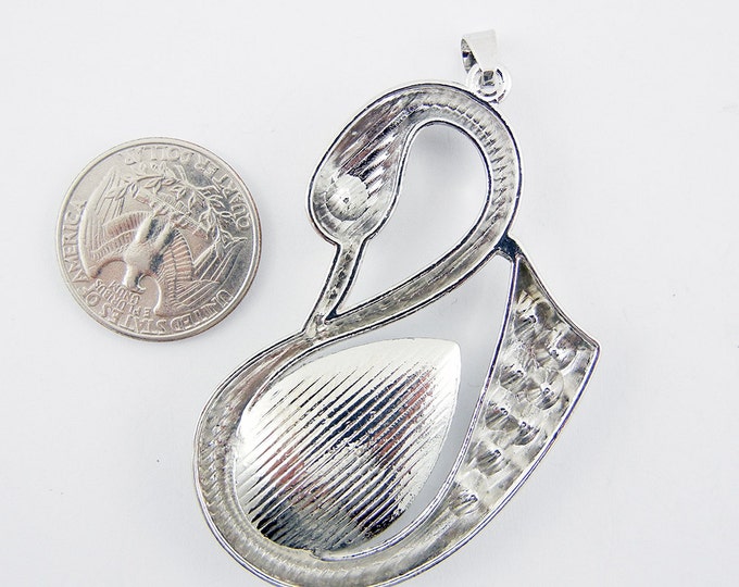 Large Silver-tone Swan Pendant with Rhinestones and Clear Acrylic Faceted Gem