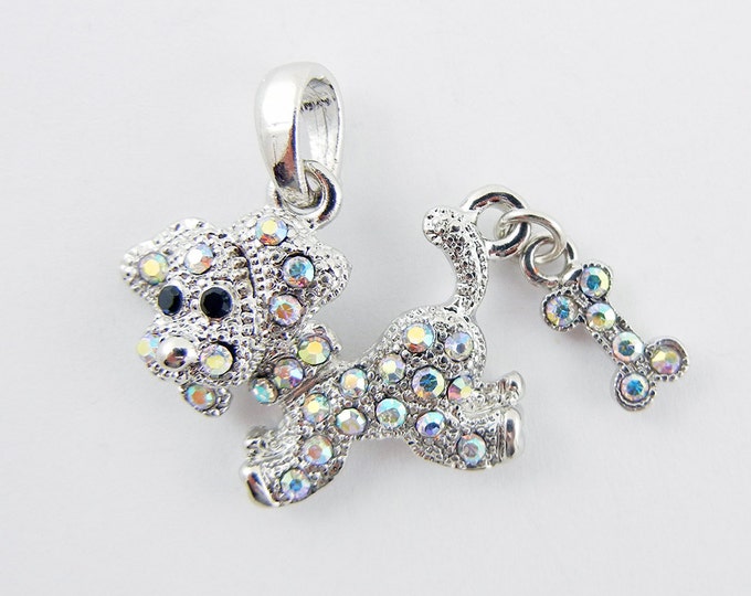 Silver-tone Rhinestone Encrusted Dog Pendant with Bone