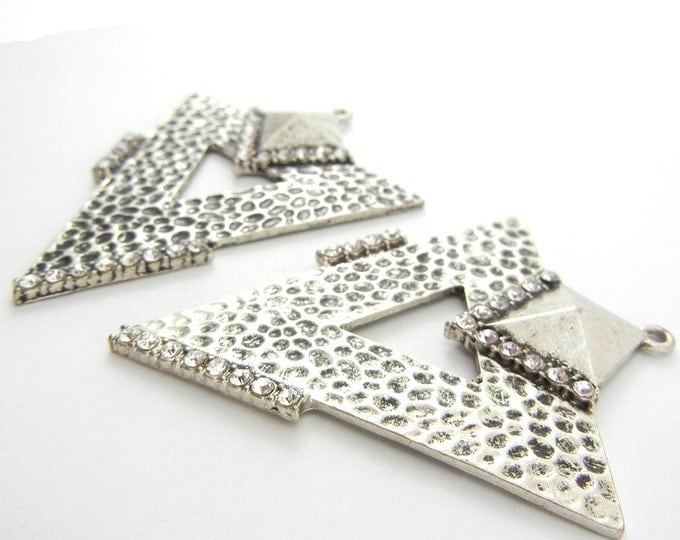 Pair of Large Burnished Silver-tone Textured Triangle Drop Charms Rhinestones