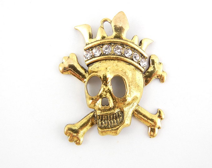 Skull and Cross Bones with Crown Charm Pendant Yellow Gold-tone