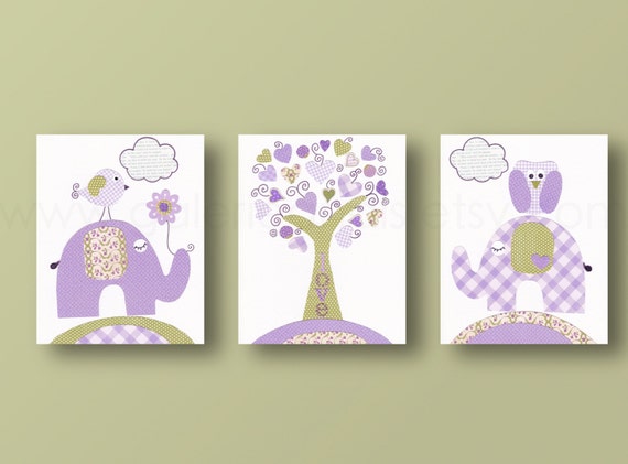 Owl nursery elephant bird - Purple and green kids room - baby nursery decor - children art Tree - Set of 3 Prints - Tree Of Love by GalerieAnais