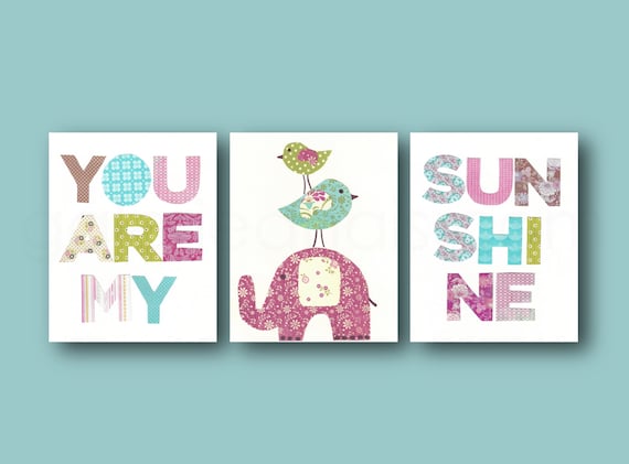 Kids wall Art Baby Girl Nursery Decor nursery Wall Art elephant nursery - Set of 3 Prints - You Are My Sunshine nursery art by GalerieAnais