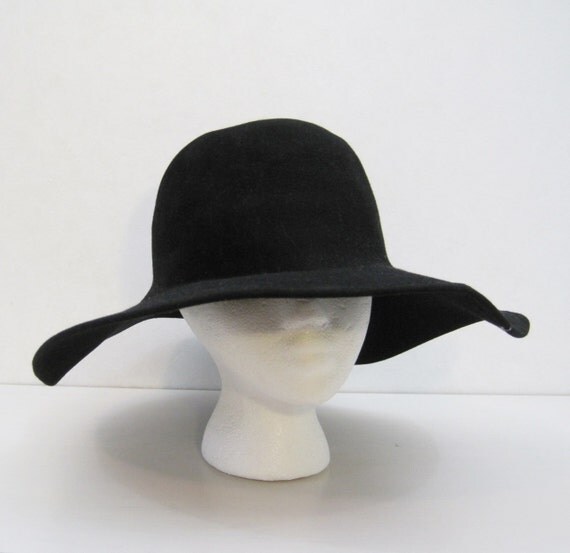 60s Hat Vintage Black Felt Floppy Wide Brimmed Hippie Hat
