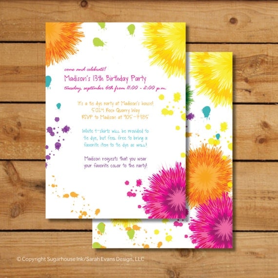 birthday party invitations tie dye colorful by sugarhouseink