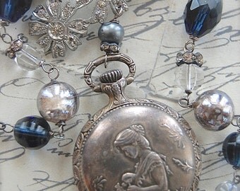 Blue Marguerite-antique vintage pocket watch and daisy assemblage necklace