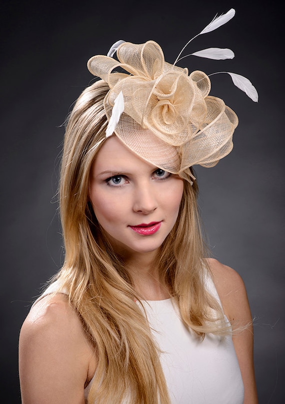 Beige champage gold fascinator hat for weddings by MargeIilane