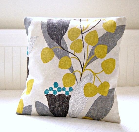 16 inch pillow cover mustard leaves teal grey black retro