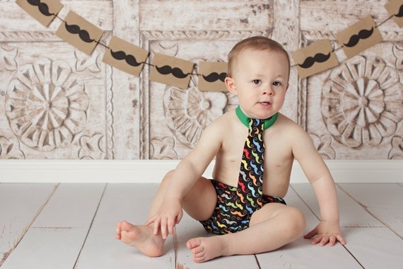 Baby Boys Birthday Outfit..First Birthday..Cake Smash..Tie and Diaper Cover..Mustache