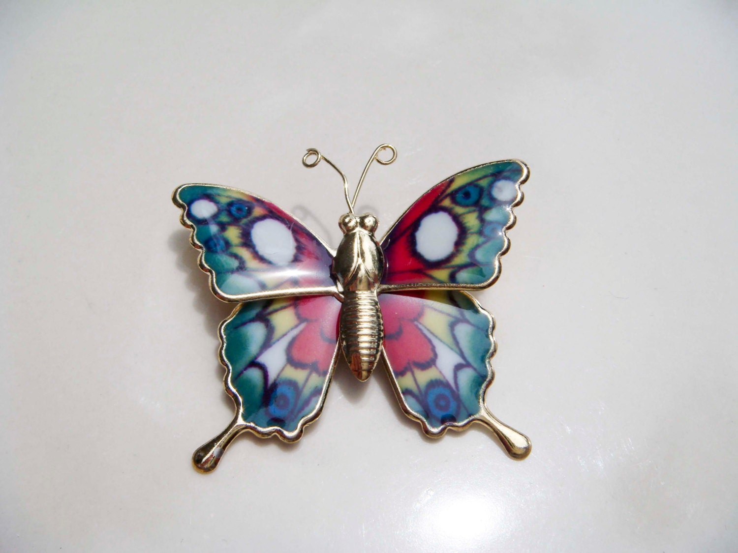 Vintage Metal Butterfly Pin brooch Pink white Green and Blue