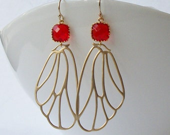 Red Crystal Gold Butterfly Wing Earrings
