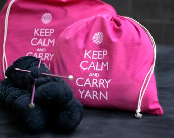 Small knitting project bag - Keep Calm and Carry Yarn - raspberry