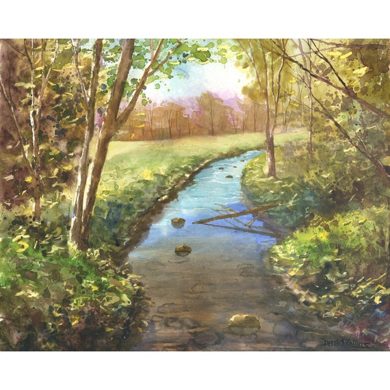 Items similar to Creek Painting watercolor Landscape PRINT stream water ...